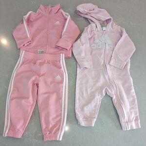Adidas Baby 12M tracksuit Pink Girls Lot Romper One Piece Hooded